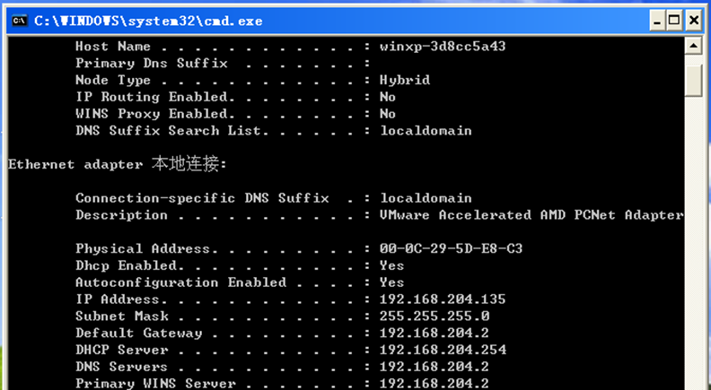 图4 ipconfig /all命令查看xp虚拟机信息