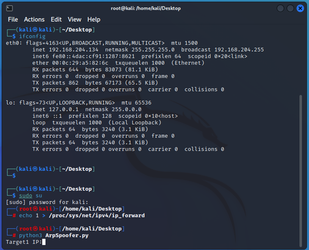 图10 运行ARP欺骗程序ArpSpoofer.py