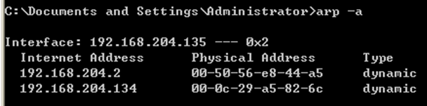 图4 靶机受ARP欺骗攻击之前的ARP表